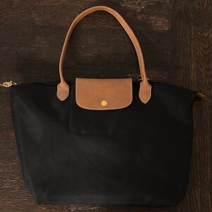 Longchamp Le Pliage large tote. Black and tan.